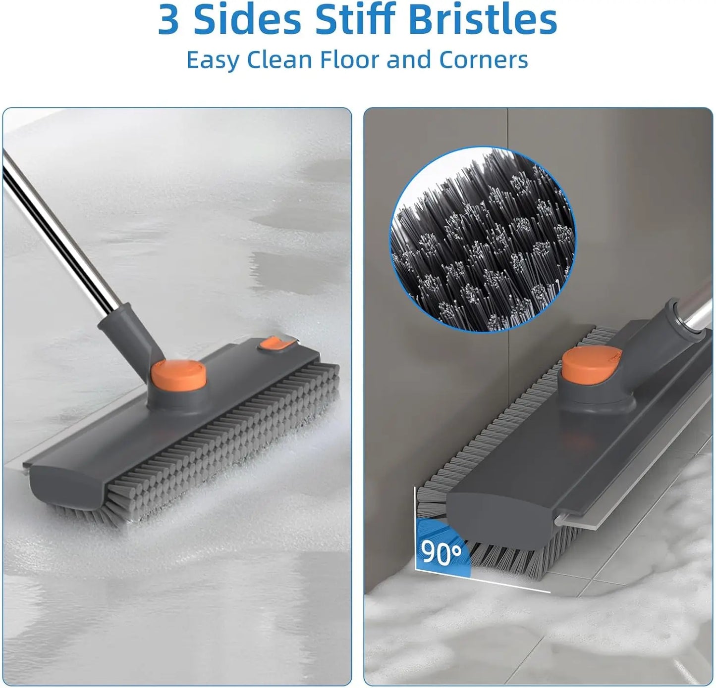 Scrub Brush with Long Handle, Floor Scrub Brush Squeegee Broom for Cleaning, 3 in 1 Shower Scrubber Floor Broom Squeegee for Concrete Tile Wall Deck Patio Grey